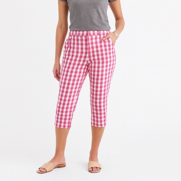 Womens Fuchsia Pink White Gingham Checkered Capri Crop Pants Size 8 M Preppy - Picture 1 of 7